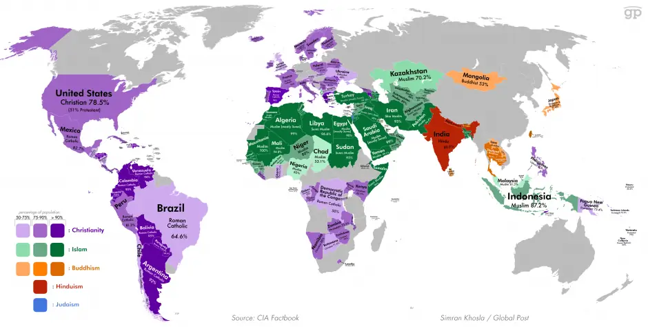 Countries where over 50% of the population is religious