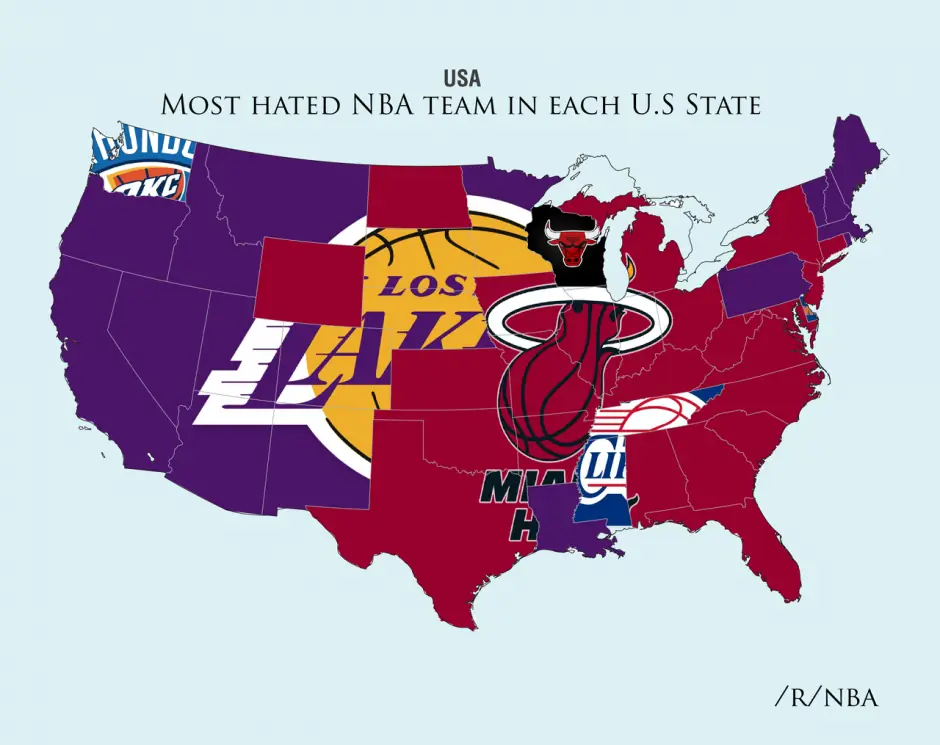 The most hated NBA teams by state