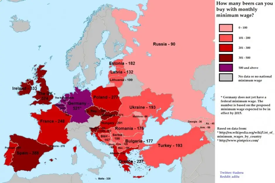 How many beers can you buy (in Europe) with your minimum wage?